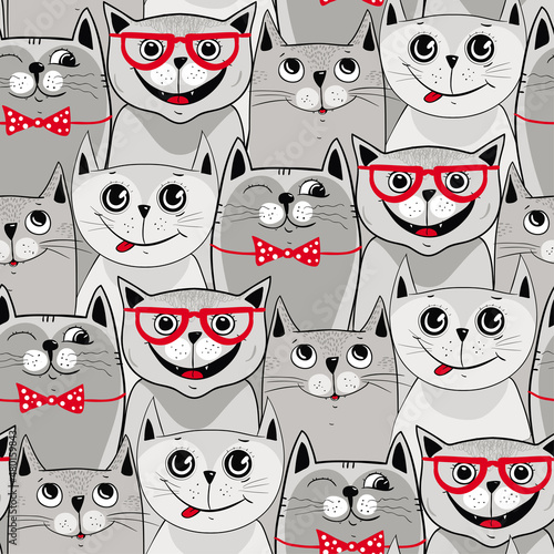 Cute grey cats, seamless pattern background with cats