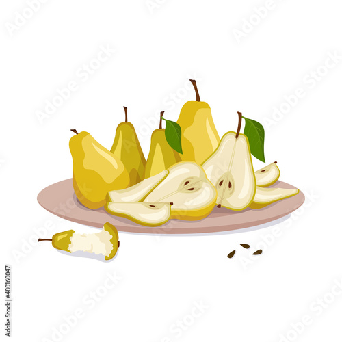 Set of yellow pears on plate. Whole fruit with leaf, halves and slice with seeds. Source of vitamins. Food for healthy diet. Sweet fresh snack. Vector flat illustration
