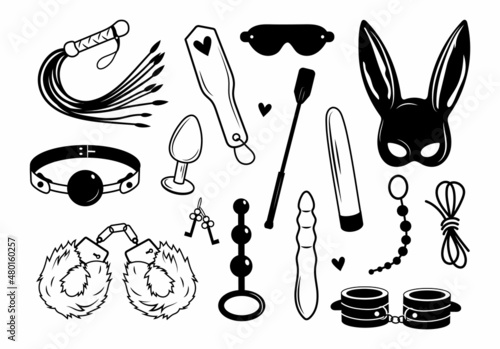 Set of fetish tools. Collection of BDSM products for role-playing games, eye mask, handcuffs, leather whip, rope, etc. Vector illustrations of sex toys for an adult store. Sexual outfit. photo