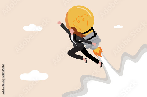Idea, innovation and creativity help boost productivity and motivation to reach success goal, career development and business growth concept, confident businesswoman with lightbulb jetpack flying high