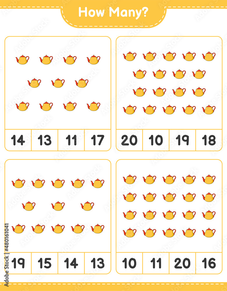 Counting game, how many Teapot. Educational children game, printable worksheet, vector illustration