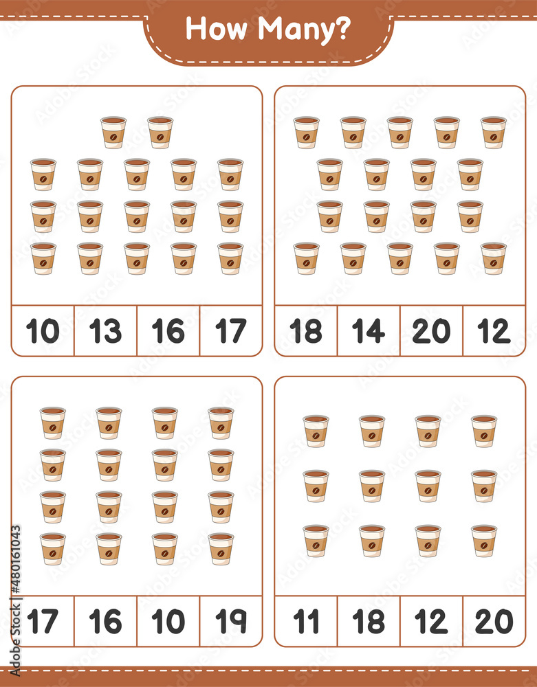 Counting game, how many Coffee Cup. Educational children game, printable worksheet, vector illustration Counting game, how many Coffee Cup. Educational children game, printable worksheet, vector illustration