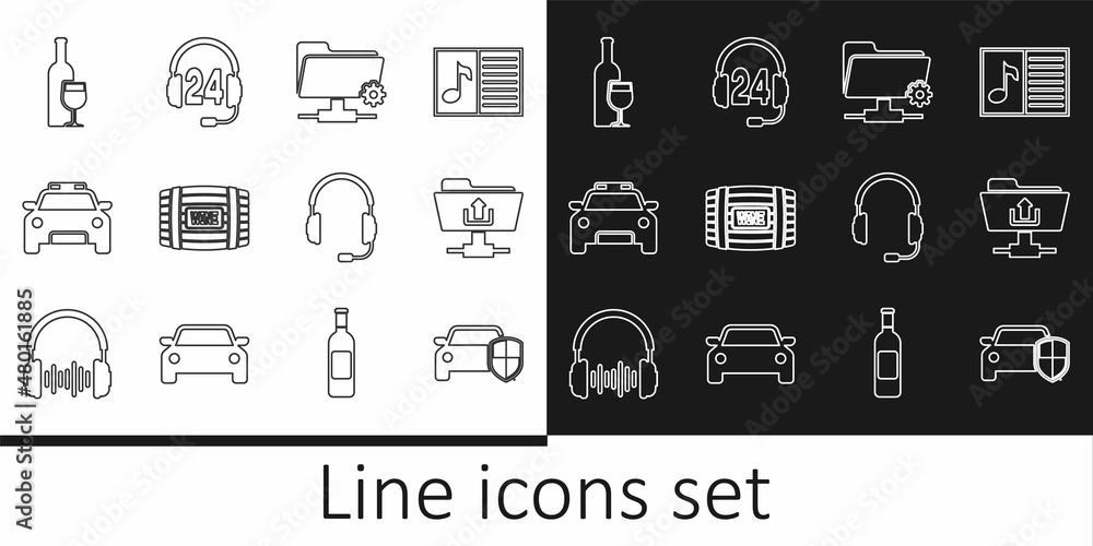 Set line Car protection or insurance, FTP folder upload, settings, Wooden barrel for wine, Police car and flasher, Wine bottle with glass, Headphones microphone and support icon. Vector