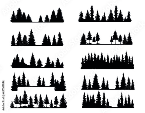 Set of pine forest. Collection of silhouette of tree forest. Logotype. Vector illustration of nature on a white background.