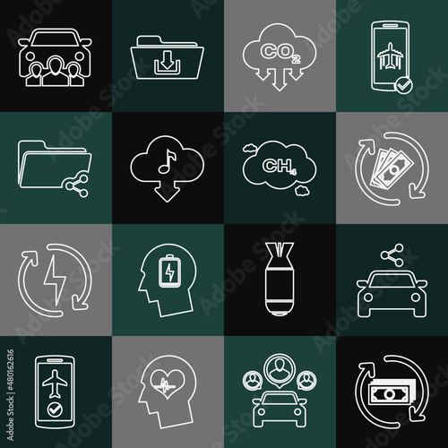 Set line Refund money, Car sharing, CO2 emissions cloud, Cloud download music, Share folder, and Methane reduction icon. Vector