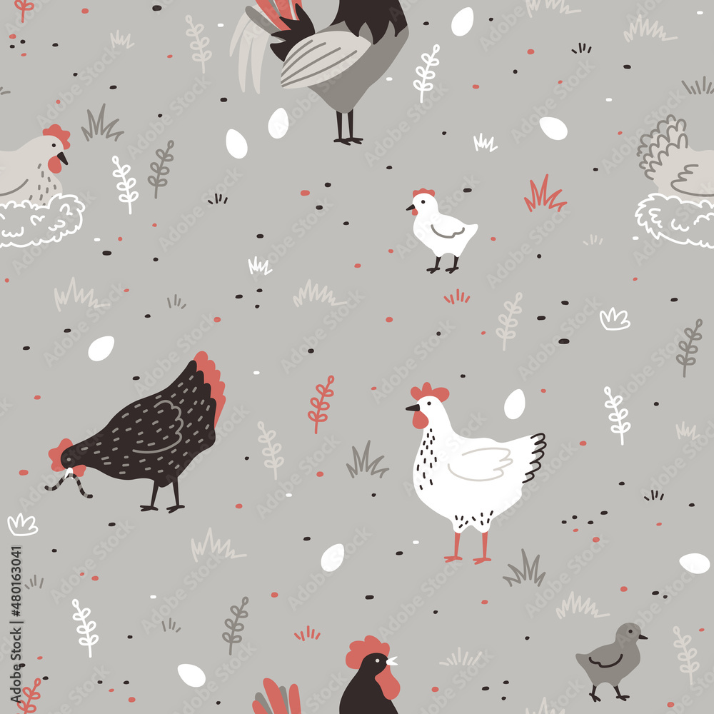 Seamless pattern with hen, chicken, chick, rooster and nest with eggs. Chicken farm. Cartoon. Cozy vector illustration. Gray background.