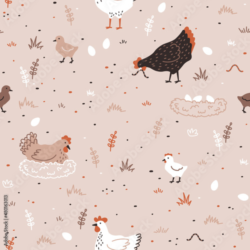 Seamless pattern with hen, chicken, chick and nest with eggs. Chicken farm. Cartoon. Cozy vector illustration.