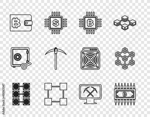 Set line Mining farm, Cryptocurrency bitcoin with circuit, CPU mining, Blockchain technology, wallet, Pickaxe, monitor and pickaxe and icon. Vector