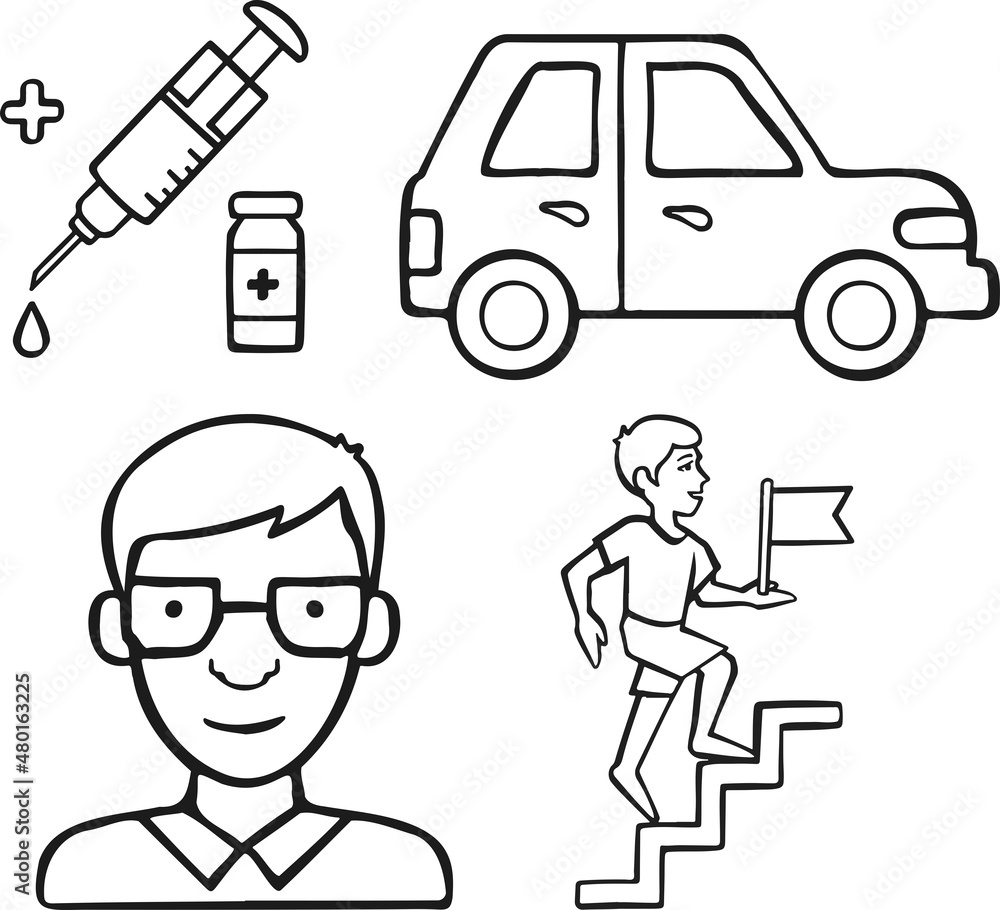Icon Set Medical Rehabilitation Human Recovery, Hand Drawn Vector