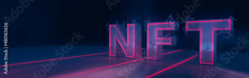 Abstraction signed with NFT token. Abstract NFT collage. EVERYDAYS: THE FIRST 5000 DAYS. Volumetric letters, inscription, banner. Digital art, set NFT concept, light rays, neon. 3d illustration 