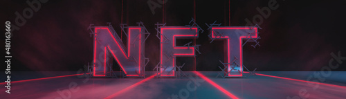 Abstraction signed with NFT token. Abstract NFT collage. EVERYDAYS: THE FIRST 5000 DAYS. Volumetric letters, inscription, banner. Digital art, set NFT concept, light rays, neon. 3d illustration 