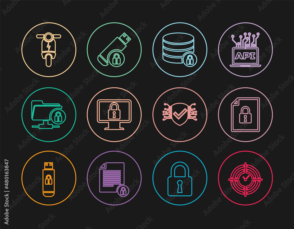 Set line Time Management, Document and lock, Server security with, Lock on monitor, FTP folder, Electric scooter, Cyber and USB flash drive icon. Vector Set line Time Management, Document and lock, Server security with, Lock on monitor, FTP folder, Electric scooter, Cyber and USB flash drive icon. Vector