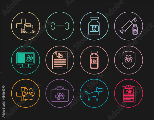 Set line Clinical record pet, Animal health insurance, Dog medicine bottle, Medical certificate for dog cat, on monitor, Veterinary clinic, Pets vial medical and bone icon. Vector