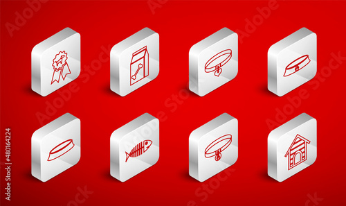 Set line Dog house, Bag of food for pet, Collar and heart, Pet bowl, with name tag, award symbol, Fish skeleton and icon. Vector