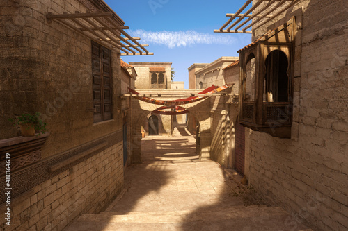 Computer generated illustration of an alleyway in an old medieval Arabian town with bright sunlight and blue sky.