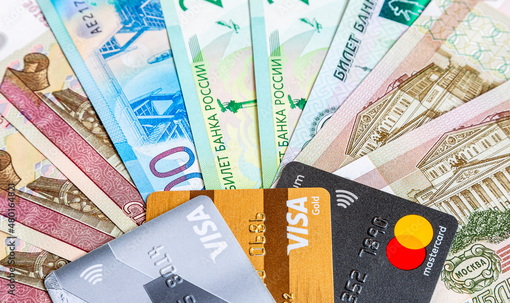 MasterCard and Visa with russian rubles banknotes Stock Photo Adobe Stock