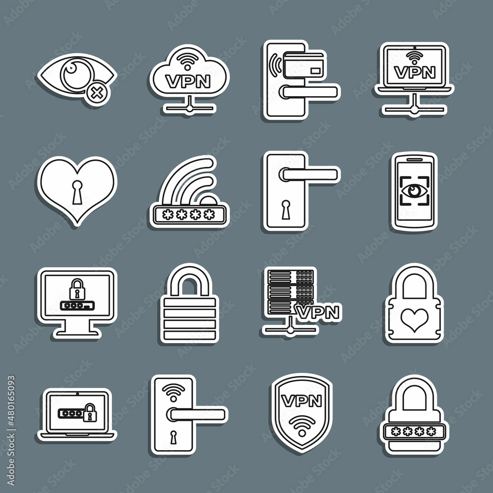 Set line Password protection, Padlock with heart, Mobile and eye scan, Digital door wireless, Wifi locked, Heart keyhole, Invisible hide and Door handle icon. Vector Set line Password protection, Padlock with heart, Mobile and eye scan, Digital door wireless, Wifi locked, Heart keyhole, Invisible hide and Door handle icon. Vector