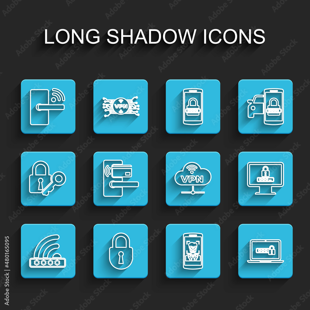 Set line Wifi locked, Lock, Digital door with wireless, Mobile and face recognition, Laptop password, Monitor and VPN Network cloud connection icon. Vector Set line Wifi locked, Lock, Digital door with wireless, Mobile and face recognition, Laptop password, Monitor and VPN Network cloud connection icon. Vector