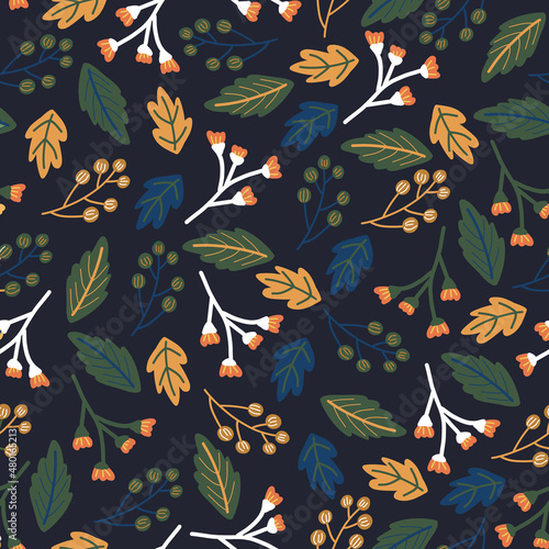Dark moody floral seamless vector pattern. Autumn leaves berries repeating botanical background green white blue nature shapes on black. For cards, wrapping paper, wallpaper, fabric, textiles