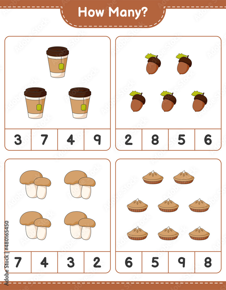 Counting game, how many Acorn, Tea Cup, Pie, and Mushroom Boletus. Educational children game, printable worksheet, vector illustration