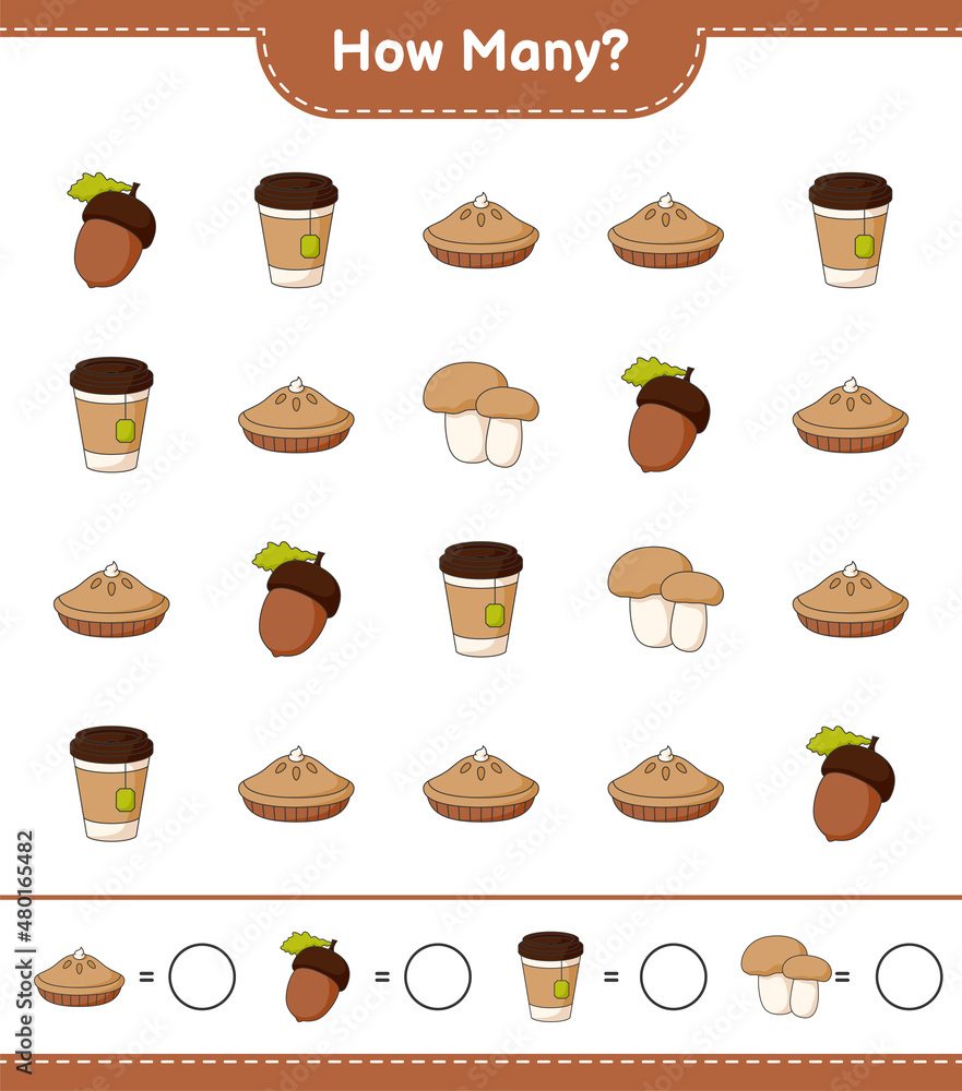 Counting game, how many Acorn, Tea Cup, Pie, and Mushroom Boletus. Educational children game, printable worksheet, vector illustration