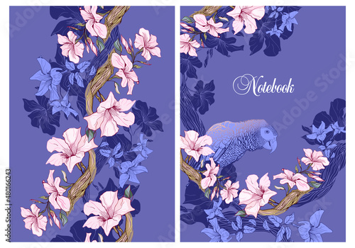 Cover and back of the notebook. A flower fantasy of a parrot in beautiful creeper colors