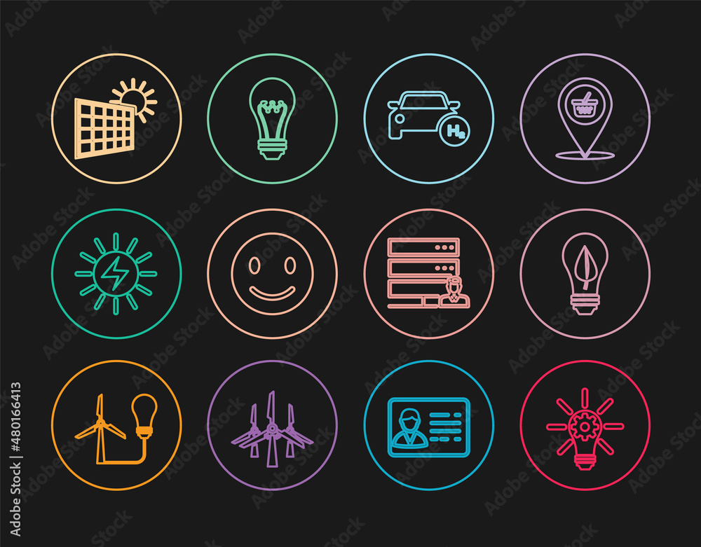 Set line Light bulb with gear, leaf, Hydrogen car, Smile face, Solar energy panel, and sun, Customer care server and icon. Vector Set line Light bulb with gear, leaf, Hydrogen car, Smile face, Solar energy panel, and sun, Customer care server and icon. Vector