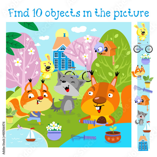 Cute forest animals in spring. Background with flowering trees. Find 10 items. Game for children. Hand drawn full color children illustration. Vector flat cartoon picture.