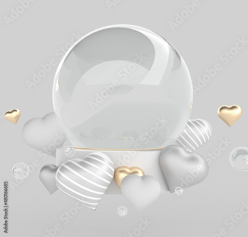 3d rendering of white and gold heart inside glass ball globe on white background. 3d heart photo