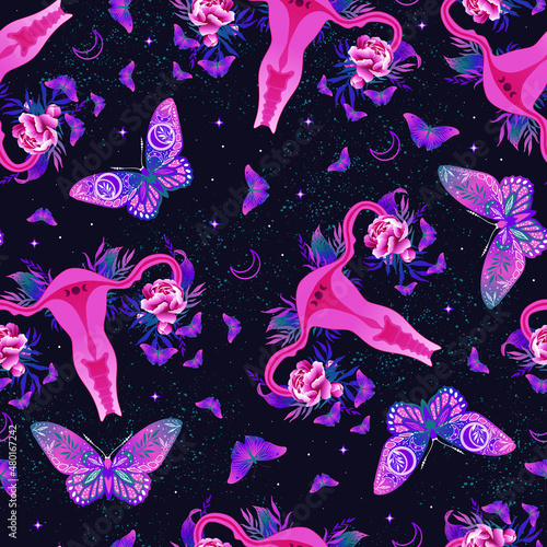Seamless pattern with women uterus and  flowers. Hand drawn vector unusual texture. Phases of the moon. Reproductive organs of a woman and flowers.