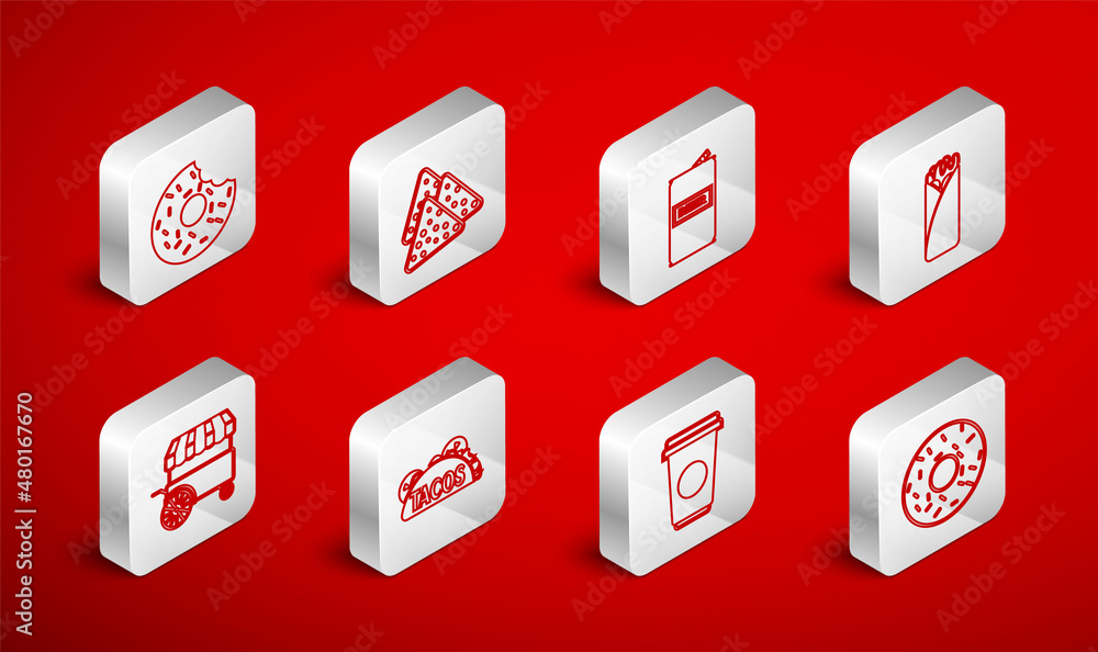 Set line Donut, Nachos, Beer can, Burrito, Coffee cup, Taco with tortilla and Fast street food cart icon. Vector Set line Donut, Nachos, Beer can, Burrito, Coffee cup, Taco with tortilla and Fast street food cart icon. Vector