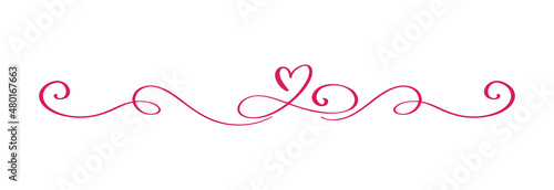 Red Vintage Flourish Vector divider Valentine Day Hand Drawn Black Calligraphic two Heart. Calligraphy Holiday illustration. Design valentine element. Icon love decor for web, wedding