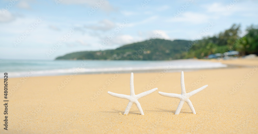 Beautiful sea middle two mountains blue sky background Beautiful sea middle two mountains blue sky background