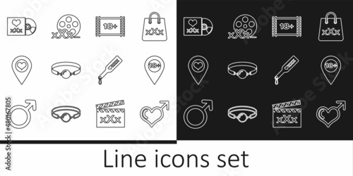Set line Male gender and heart, Location with 18 plus, Play Video, Silicone ball gag, Disc inscription Sex, Spanking paddle and Film reel icon. Vector