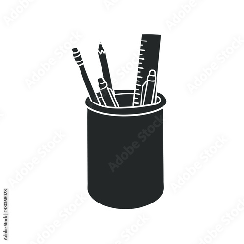 Pencil Holder Icon Silhouette Illustration. Organizer Student Vector Graphic Pictogram Symbol Clip Art. Doodle Sketch Black Sign.