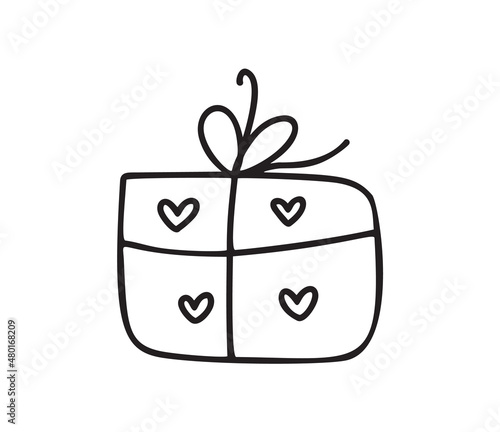 Monoline gift box with hearts. Valentines Day Hand Drawn icon. Heart Holiday sketch doodle Design element valentine. love decor for web, wedding and print. Isolated illustration