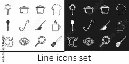 Set line Kitchen whisk, Coffee cup, Cooking pot, ladle, Frying pan, colander and icon. Vector