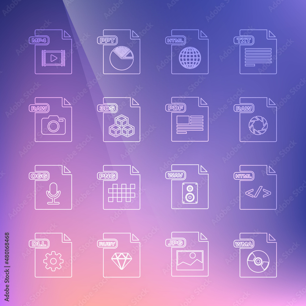 Set line WMA file document, HTML, RAW, 3DS, MP4 and PDF icon. Vector Set line WMA file document, HTML, RAW, 3DS, MP4 and PDF icon. Vector