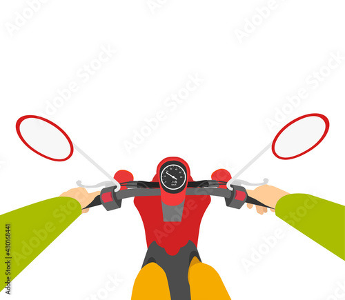 A man rides a red moped isolated on a white background. First person view. Flat style. Vector illustration