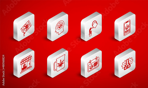 Set line Test tube with marijuana, Head in profile, Watering can, Online buying, Calendar and, Marijuana or cannabis seeds, Cup tea and store icon. Vector