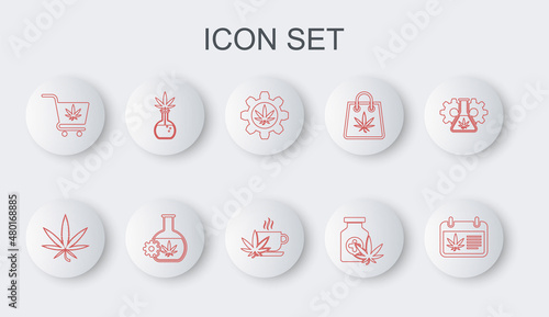 Set line Calendar and marijuana, Marijuana or cannabis leaf, Test tube with, Medical bottle, Shopping cart, and Cup tea icon. Vector