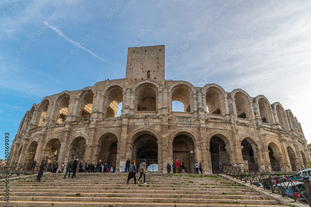 A view of the Roman Amphitheater of Arles, Provence, Bouches-du-Rhône, France