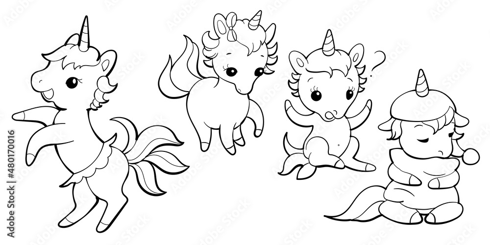 Set of cute unicorns in kawaii style. Cartoon pony sticker design. Vector emoji. Set of cute unicorns in kawaii style. Cartoon pony sticker design. Vector emoji.