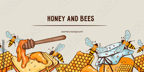 Honey seamless repeatable background template. Lower frame or border ornate with honey and bees, sketch style hand drawn vector illustration isolated on white background.