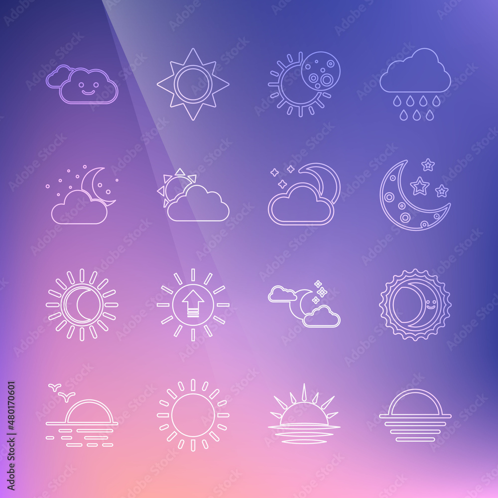 Set line Sunset, Eclipse of the sun, Moon and stars, cloud weather, Cloud with moon, and icon. Vector Set line Sunset, Eclipse of the sun, Moon and stars, cloud weather, Cloud with moon, and icon. Vector