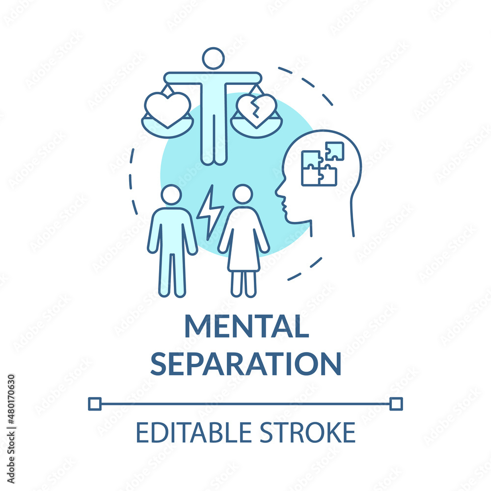 Mental separation turquoise concept icon. Problem in relationship. Divorce abstract idea thin line illustration. Isolated outline drawing. Editable stroke. Roboto-Medium, Myriad Pro-Bold fonts used Mental separation turquoise concept icon. Problem in relationship. Divorce abstract idea thin line illustration. Isolated outline drawing. Editable stroke. Roboto-Medium, Myriad Pro-Bold fonts used