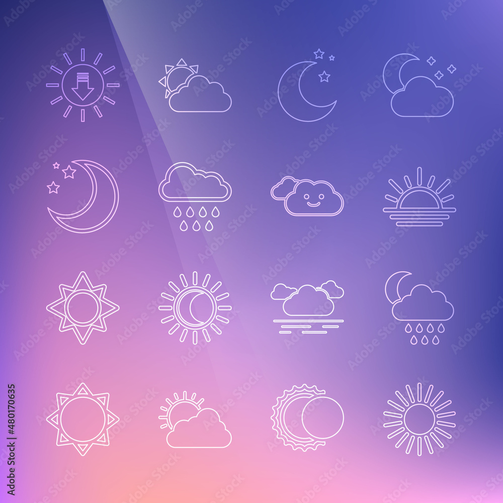Set line Sun, Cloud with rain and moon, Sunset, Moon stars, and icon. Vector