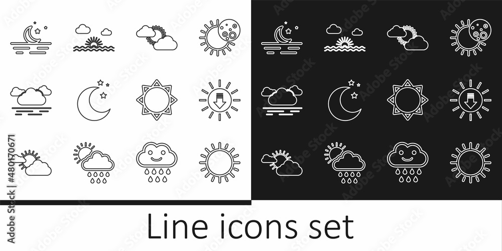 Set line Sun, Sunset, and cloud weather, Moon stars, Cloud, and icon. Vector