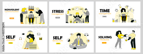Soft skills banners web for business working, Collaboration, Decision making and Communication, Creativity, Management, EQ, Adaptability