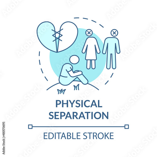 Physical separation turquoise concept icon. Relationship breakdown reason abstract idea thin line illustration. Isolated outline drawing. Editable stroke. Roboto-Medium, Myriad Pro-Bold fonts used